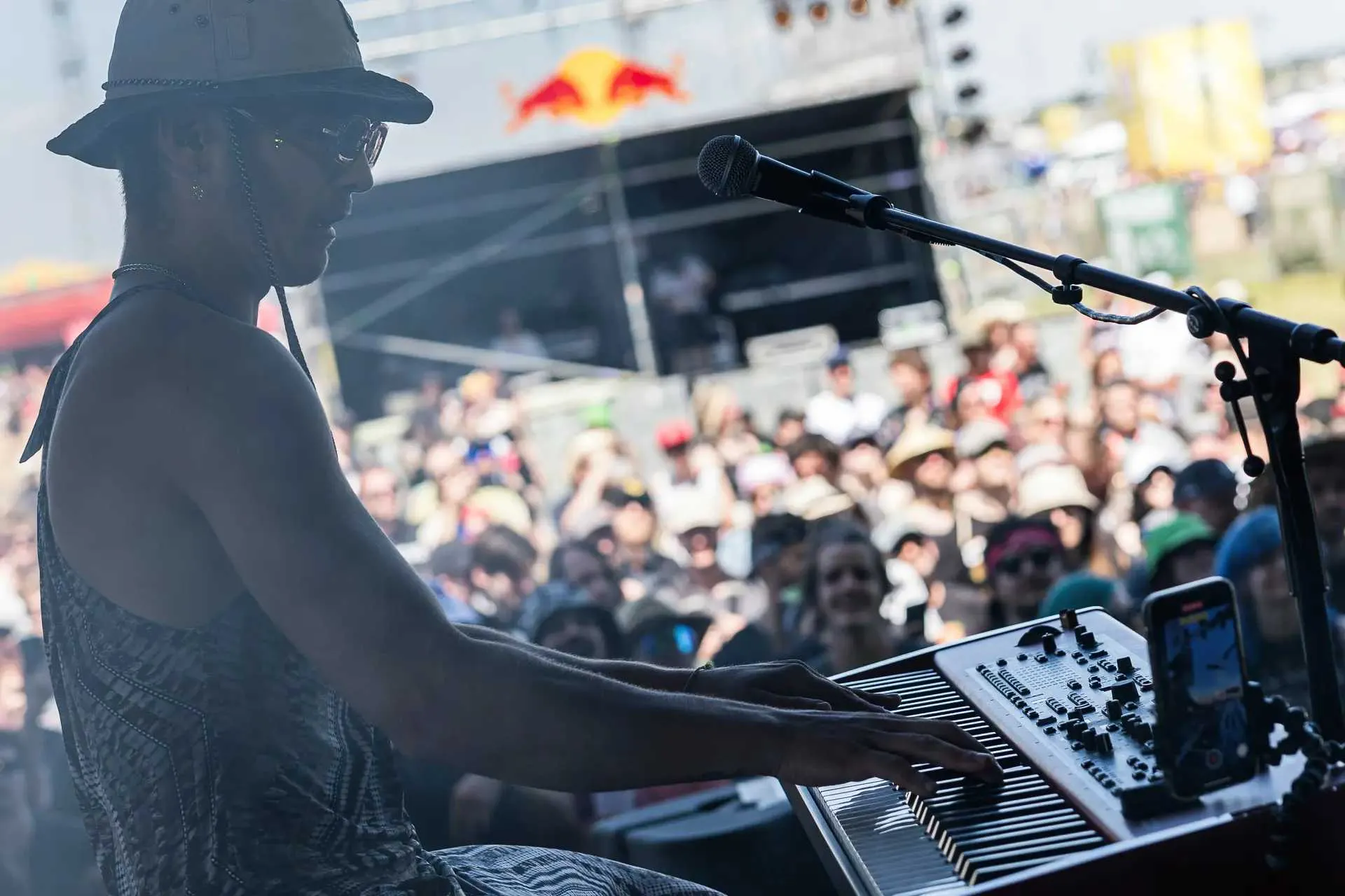 Am Keyboard mit Hut, dahinter das Festivalpublikum